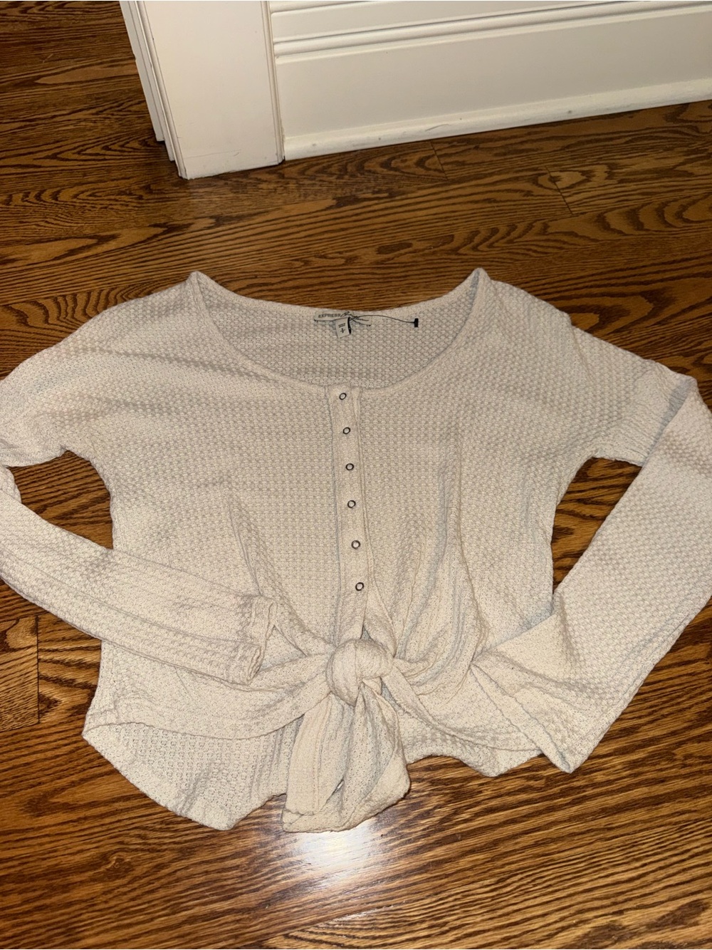 Express Cream Tie-Front Long Sleeve Top with Snap Buttons